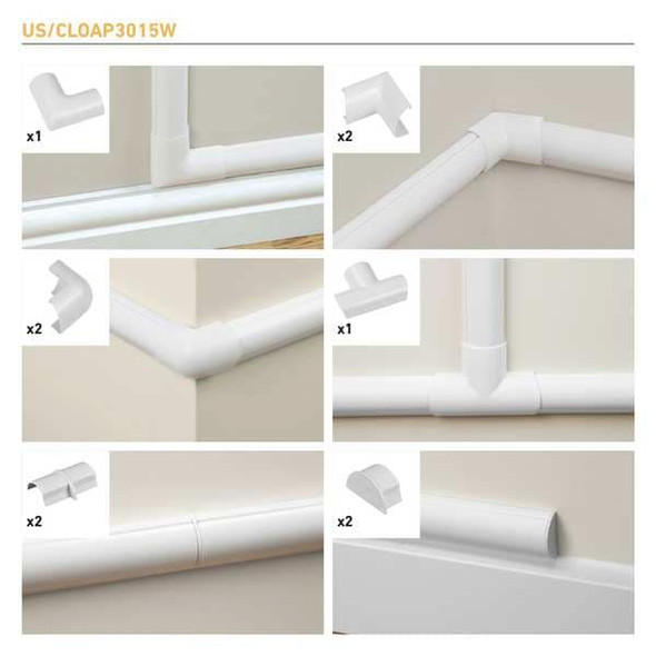 D-Line Accessory Multipack, 3 1/4 in L, 1 1/4 in W, 1 Channel, PVC, White US/CLOAP3015W