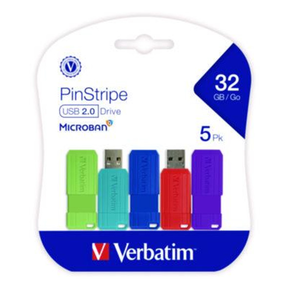 Verbatim® PinStripe USB 3.2 Flash Drive, 32 GB, Assorted Colors, 5/Pack 70055