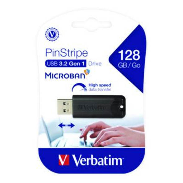 Verbatim® PinStripe USB 3.2 Flash Drive, 128 GB, Black 49319