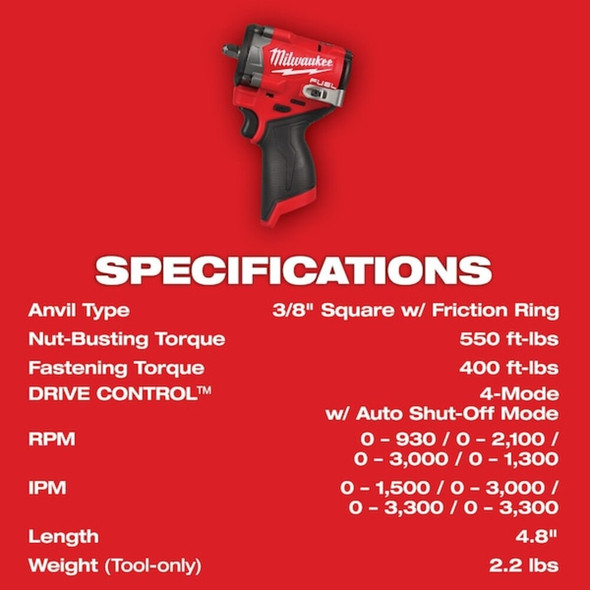 Milwaukee Tool M12 FUEL Stubby 3/8" Impact Wrench 2562-20