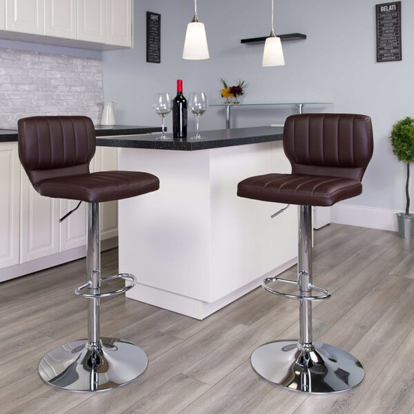 Brown Vinyl Adjust Ht Barstool,Vertical Stitch Back,Chrome Base,PK2