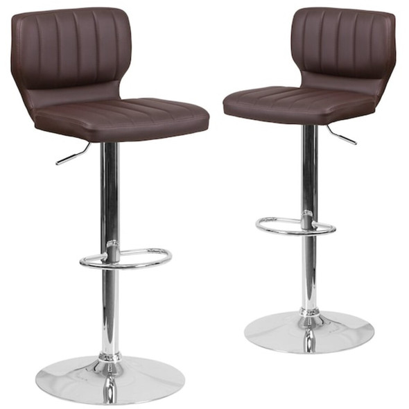 Brown Vinyl Adjust Ht Barstool,Vertical Stitch Back,Chrome Base,PK2  2-CH-132330-BRN-GG