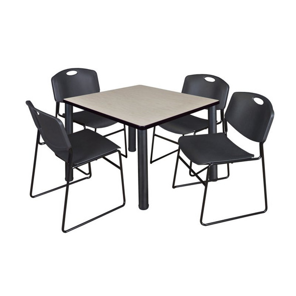 Square Maple Table/4 Black Chairs, Square,42", 42" W, 29" H, Maple