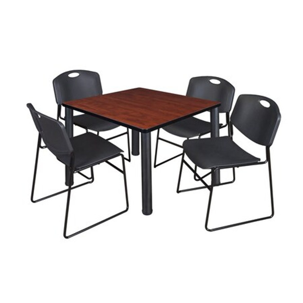 Square Cherry Table/4 Black Chairs, Square,36", 36" W, 29" H, Cherry