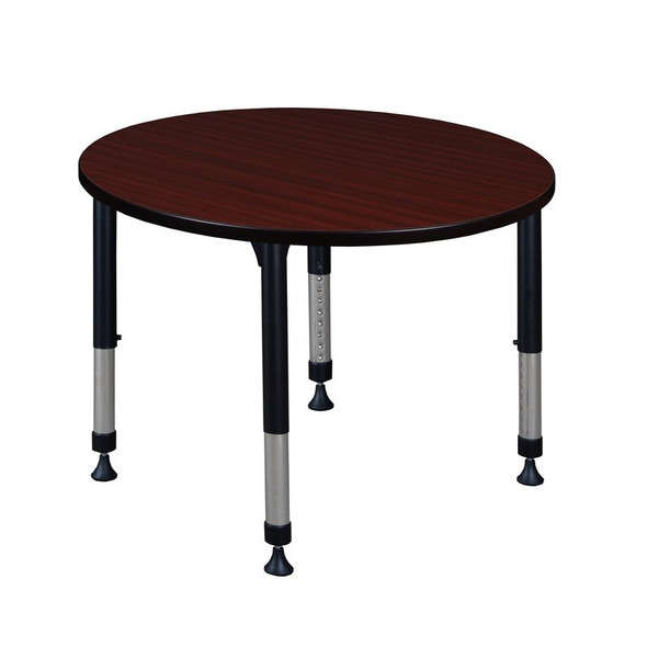 Round Classroom Tables, 42 W, 42 L, 23-34 H, Wood, Metal, Mahogany