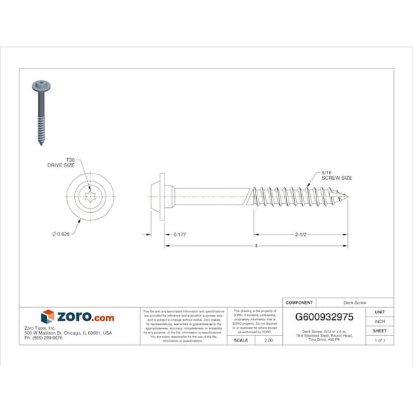 Deck Screw, 5/16 in x 4 in, 18-8 Stainless Steel, Flange Round Head, Torx Drive, 400 PK