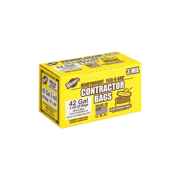FLEX-O-BAG® Contractor Bag, 42 gal, 3 mil Thick, 33 in W x 48 in H, Black