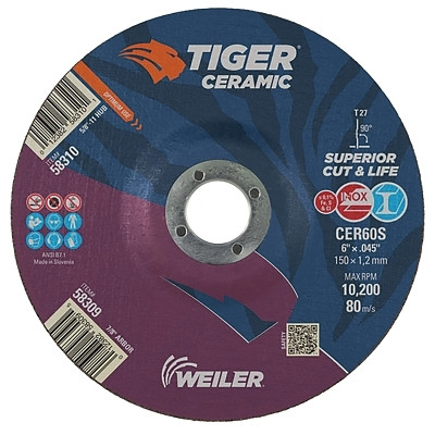 Tiger Ceramic Cutting Wheels, 6 in Dia, 0.045 in Thick, 7/8 in Arbor, 24/bx