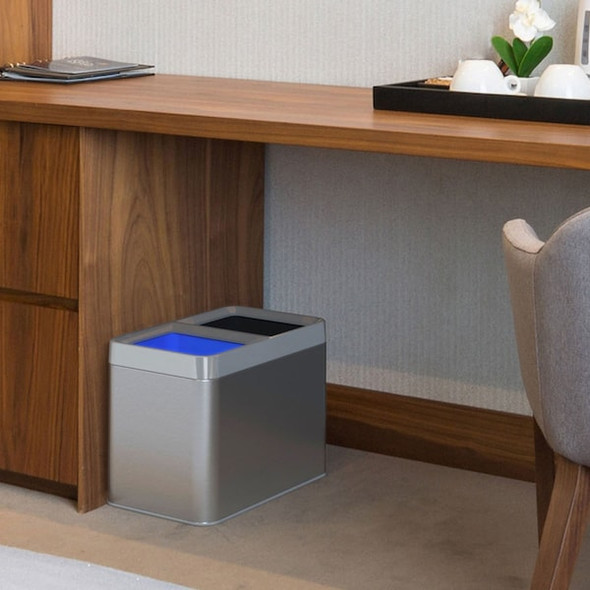 5 gal Rectangular Indoor Metal Can, Silver, Dual Compartment Open Top, Stainless Steel, 10.24 in