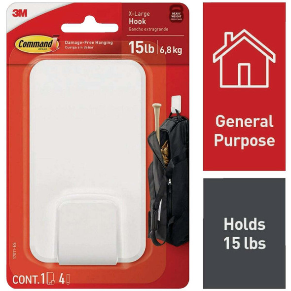 Command Extra Large 15 Lb. Adhesive Hook, White, 1 Hook, 4 Strips 17011-ES