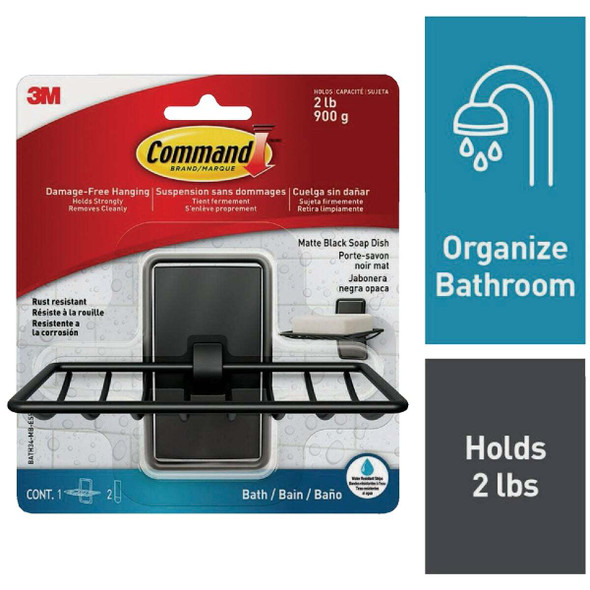 Command Adhesive Soap Dish, Matte Black, 2 Medium Water-Resistant Strips