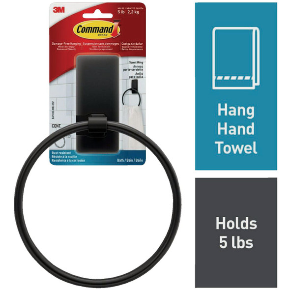 Command Bath Matte Black Adhesive Towel Ring, 2 Strips BATH52-MB-ESF