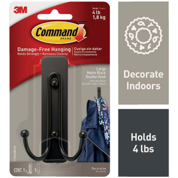 Command Large Decorative Matte Black Double Hook, 1 Hook, 1 Strip 17036MB-ES