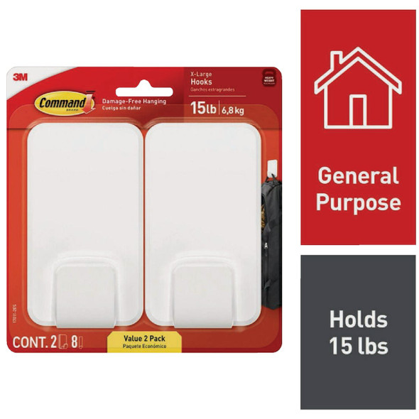 Command Extra Large 15 Lb. Adhesive Hook, White, 2 Hooks, 8 Strips 17011-2ES