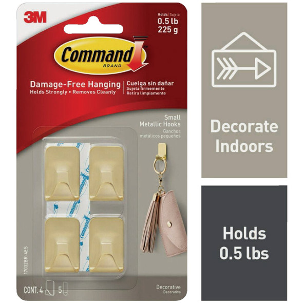 Command Small Metallic Brass Decorative Hook, 4 Hooks, 5 Strips 17032BR-4ES