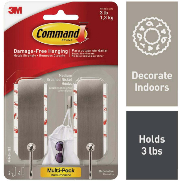 Command Medium Brushed Nickel Decorative Hook, 2 Hooks, 4 Strips 17034BN-2ES