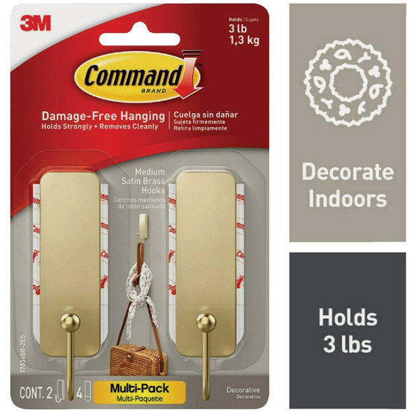Command Medium Satin Brass Decorative Hook , 2 Hooks, 4 Strips 17034BR-2ES