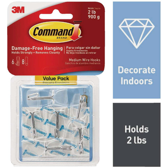 Command Medium Wire Hook Value Pack, Clear, 6 Hooks, 8 Strips 17065CLR-6ES