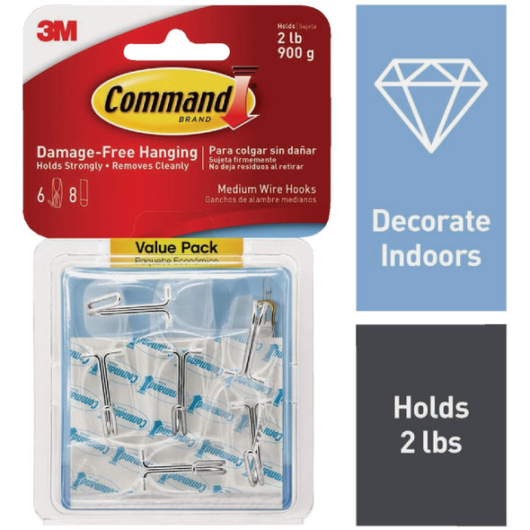 Command Medium Wire Hook Value Pack, Clear, 6 Hooks, 8 Strips 17065CLR-6ES