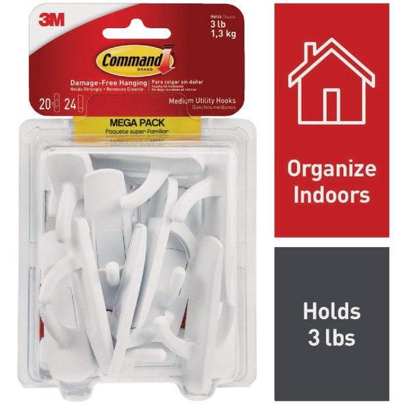 Command Medium Utility Hook Mega Pack, White, 20 Hooks, 24 Strips 17001-MPES