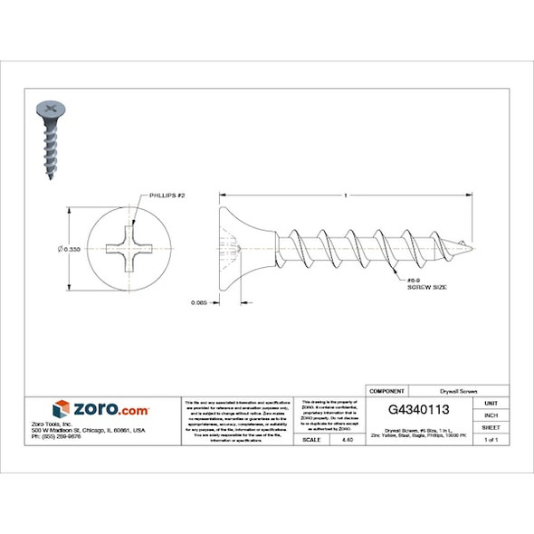 Drywall Screw, #6 x 1 in, Steel, Bugle Head Phillips Drive, 10000 PK