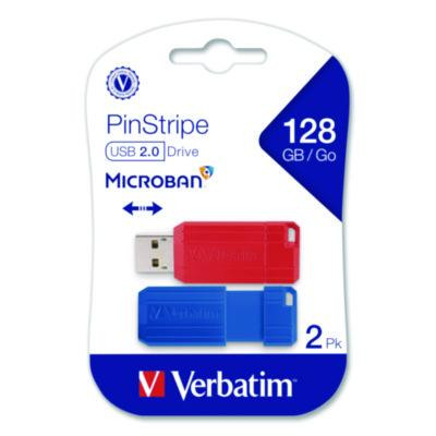 Verbatim® PinStripe USB 2.0 Flash Drive, 128 GB, Blue/Red, 2/Pack 70391