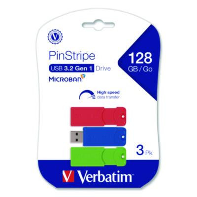 Verbatim® PinStripe USB 3.0 Flash Drive, 128 GB, Blue/Green/Red, 3/Pack 70390