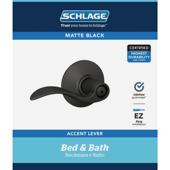 Schlage Accent Matte Black Lever Bed & Bath Lock F40GACC622 204666
