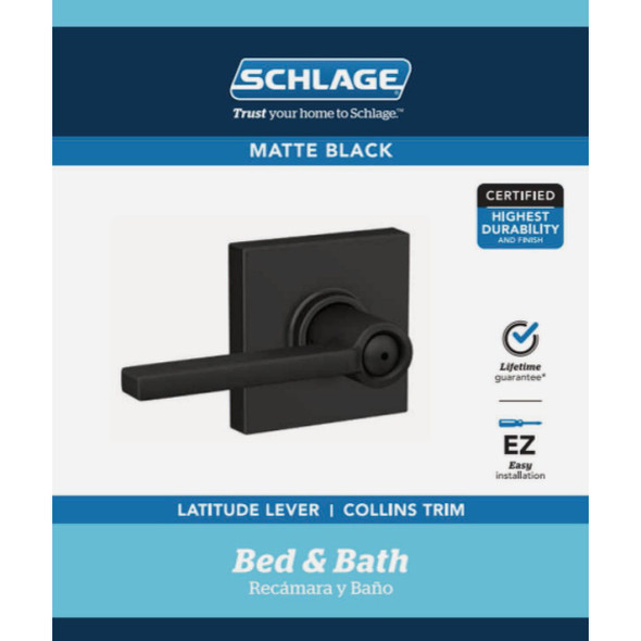 Schlage F Series Latitude Lever Collins Matte Black Bed & Bath Lock