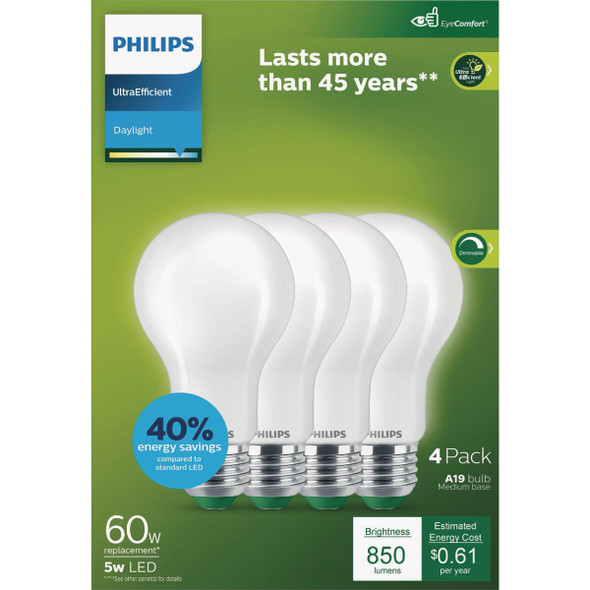 Philips Ultra Efficient 60W Equivalent Daylight Frosted A19 LED Bulb (4-Pack) 592444 550393