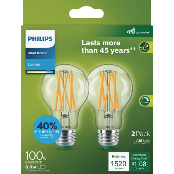 Philips Ultra Efficient 100W Equivalent Daylight Clear A19 LED Bulb (2-Pack) 592469 563981