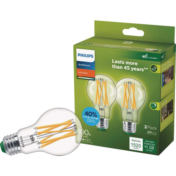 Philips Ultra Efficient 100W Equivalent Soft White Clear A19 LED Bulb (2-Pack)