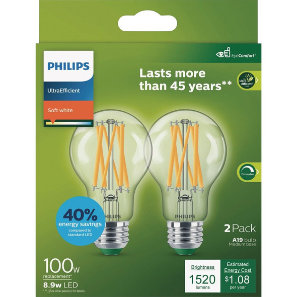 Philips Ultra Efficient 100W Equivalent Soft White Clear A19 LED Bulb (2-Pack) 592451 562007