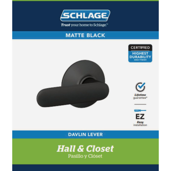 Schlage Davlin Lever Matte Black Hall & Closet Lock F10GDAV622 223278