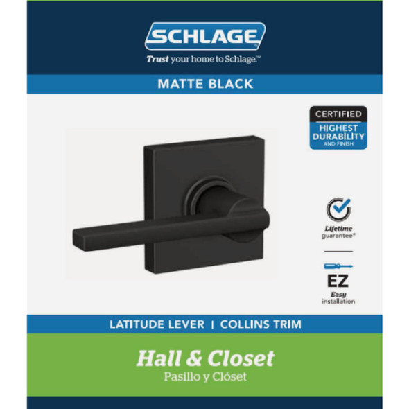 Schlage Latitude Lever Collins Matte Black Hall & Closet Lock F10GLAT622COL 218568