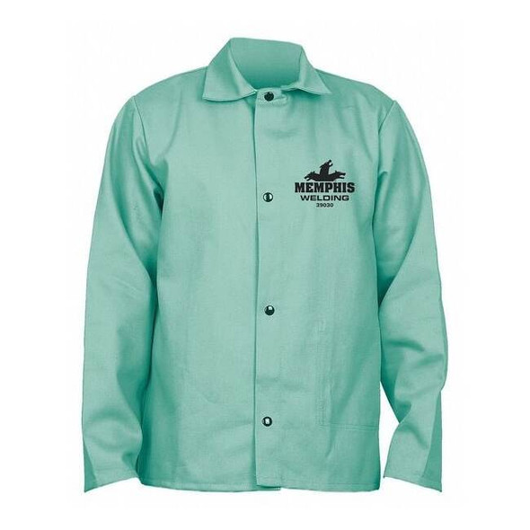 Welding Jacket, Excel FR, 9 oz, 74 in Length, Snaps Closure, Green, M