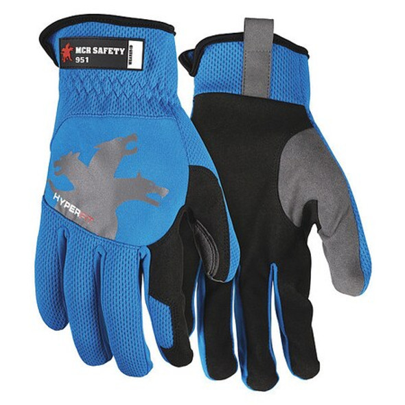 951 Mechanics Gloves, Synthetic Leather Palm, Spandex Back, L, Black/Blue/Gray