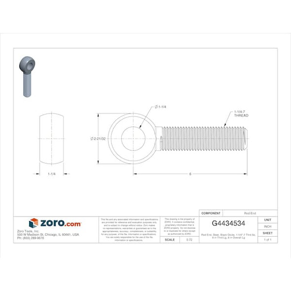 Ken Forging Rod End, Steel, Black Oxide, 1-1/4"-7 Thrd Sz, 6 in Thrd Lg, 6 in Overall Lg 12E-MACH