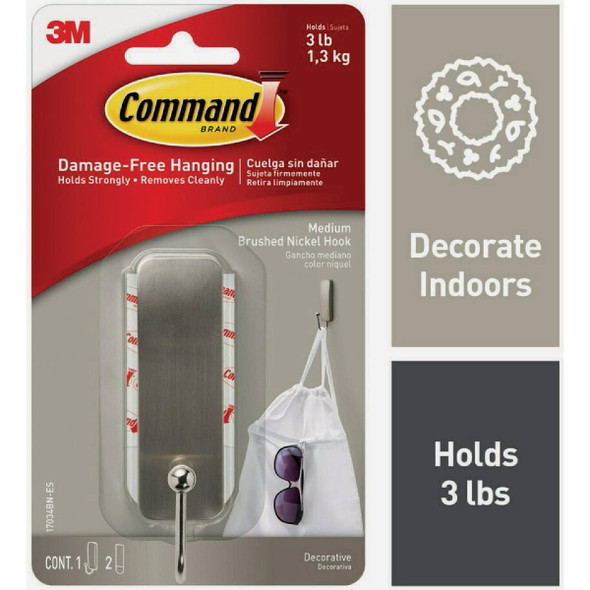 Command Medium Brushed Nickel Hook, 1 Hook, 2 Strips 17034BN-ES 259726