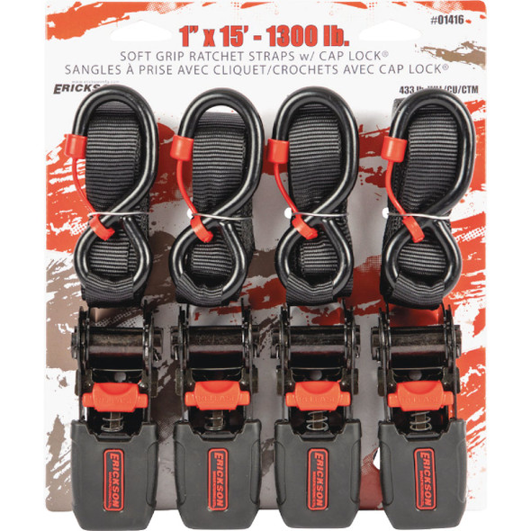 Erickson 1 In. x 15 Ft. 1300 Lb. Soft Grip Ratchet Tie-Down W/Cap Locks (4-Pack)