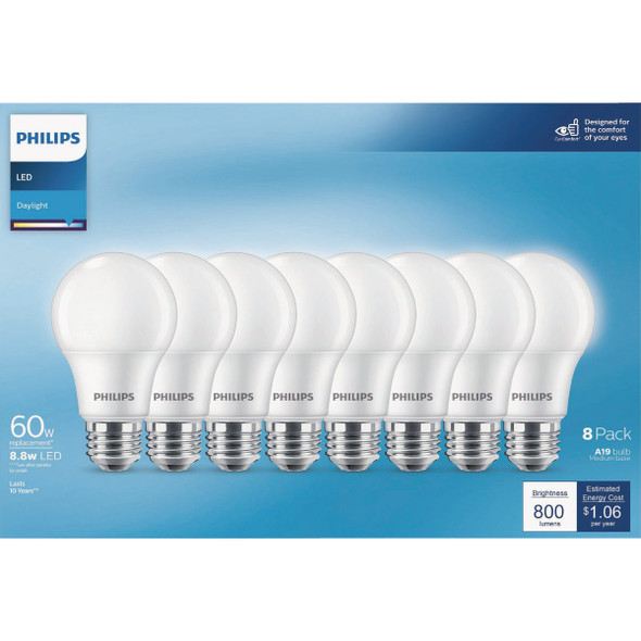 Philips 60W Equivalent Daylight A19 Medium LED Light Bulb (8-Pack) 589093 537930
