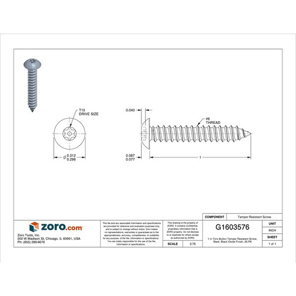 Tamper Resistant Screw, 1 in, Black Oxide Finish, Steel, Button Head Torx Drive, 25 PK