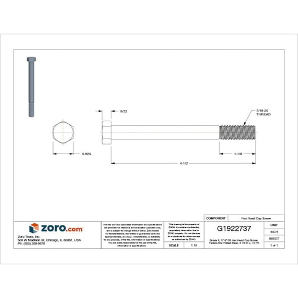 Grade 8, 7-16"-20 Hex Head Cap Screw, Zinc Yellow Steel, 4-1-2 in L, 10 PK  N04360.043.0450