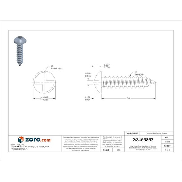 No. 8 x 3/4 in One-Way Round Tamper Resistant Screw, 18-8 Stainless Steel, Plain Finish, 50 PK
