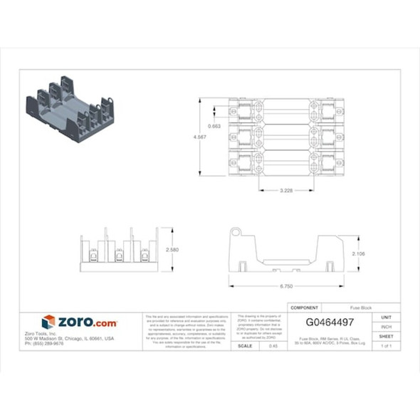 Open Fuse Block, R UL Class, 600V AC-DC Volt Rating, 3 Poles, Box Lug  RM60060-3CR