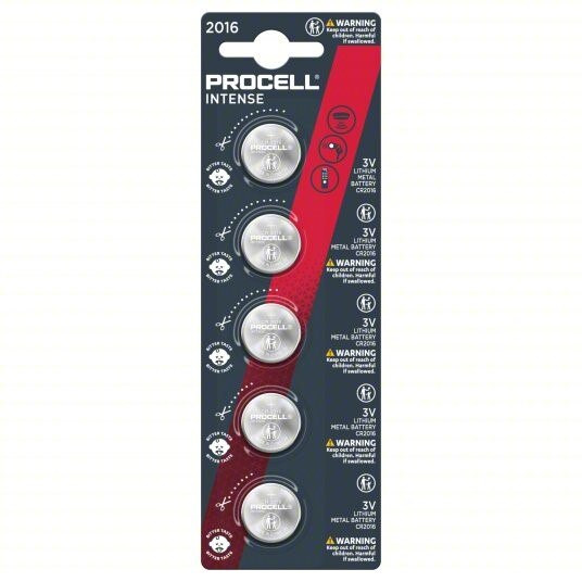 CR2016 Procell Intense Specialty Lithium Coin Battery, 3V, 5 Pack Tear Strip