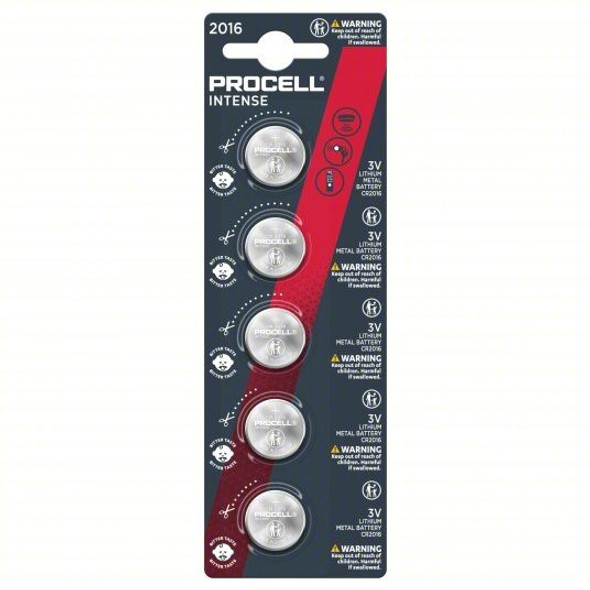 CR2016 Procell Intense Specialty Lithium Coin Battery, 3V, 5 Pack Tear Strip
