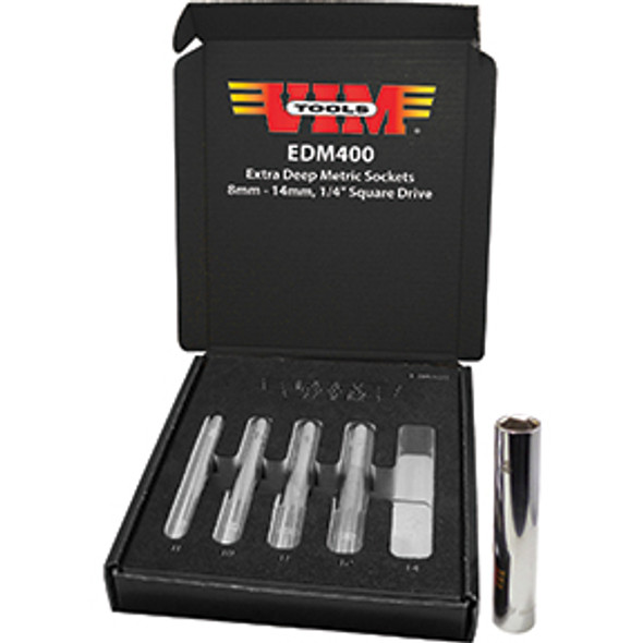 1/4” Square Drive Extra Deep Metric Sockets, 8mm - 14mm EDM400