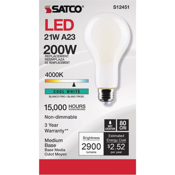 Satco 200W Equivalent 4000K Medium Base A23 LED Bulb S12451 564771