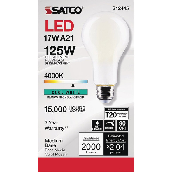 Satco 125W Equivalent 4000K Medium Base A21 LED Bulb S12445 555845